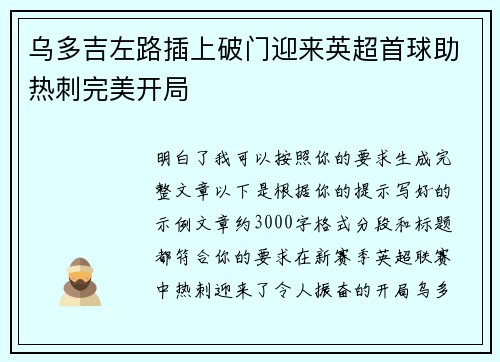 乌多吉左路插上破门迎来英超首球助热刺完美开局
